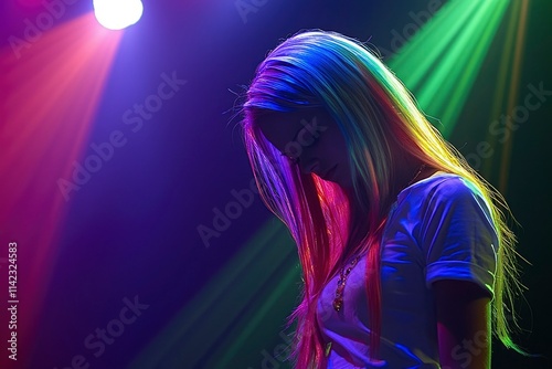 Woman with Colorful Hair Illuminated by Stage Lights photo