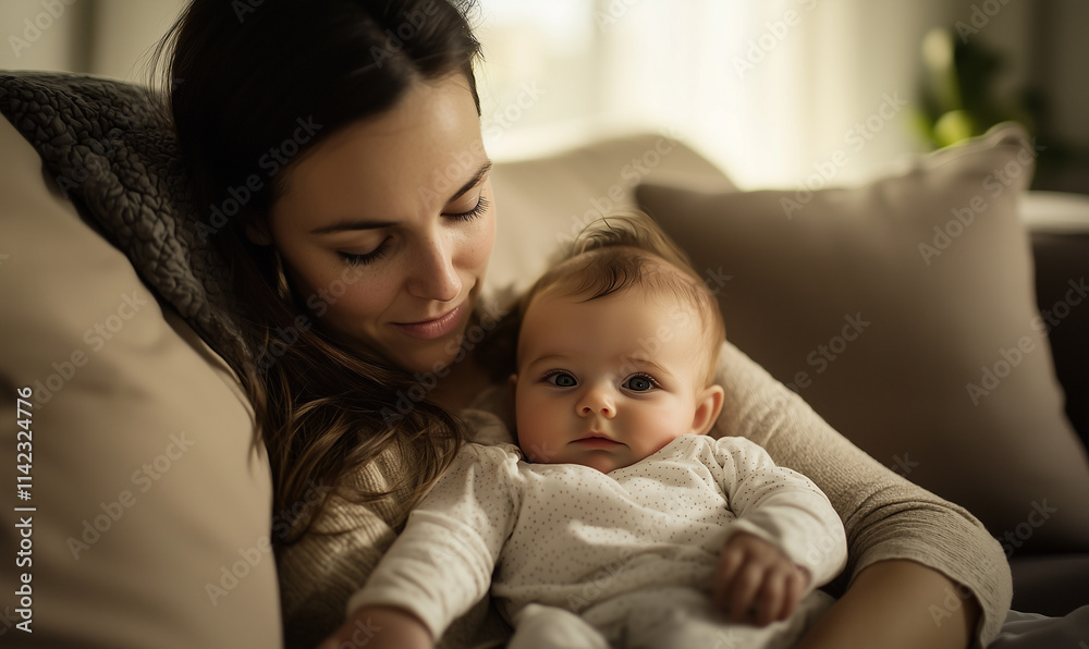Mother embracing  and sing sleep her sleepy baby.