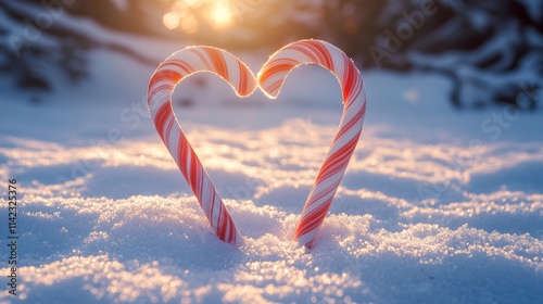 Two Candy Canes Forming Heart Shape in the Snow at Sunset