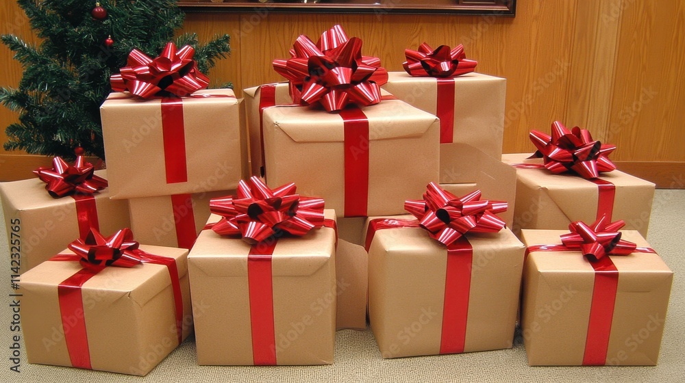Obraz premium Festive Wrapped Gifts with Red Bows Decorated for Special Occasions