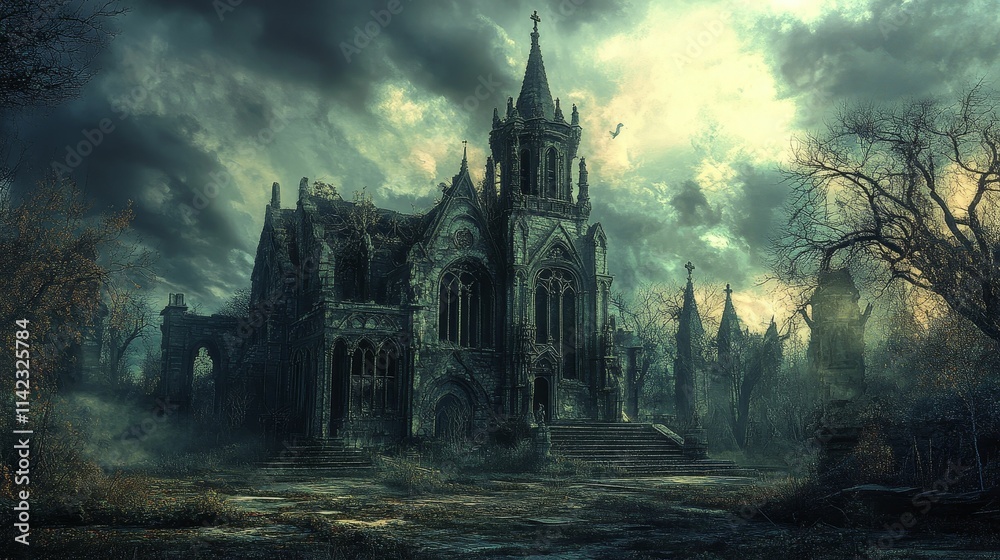 Obraz premium Ruined gothic chapel, overgrown, stormy sky.