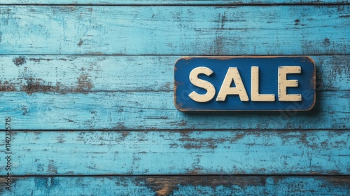 Rustic blue wooden background featuring a vintage SALE sign showcasing discounts and promotions for retail advertising and marketing purposes. photo