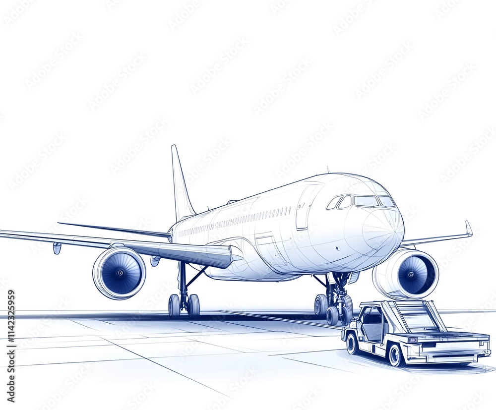 Fototapeta premium Technical sketch of a large passenger aircraft with detailed engines, wings and fuselage, parked on a runway, accompanied by a ground support vehicle, drawn accurately and clearly.