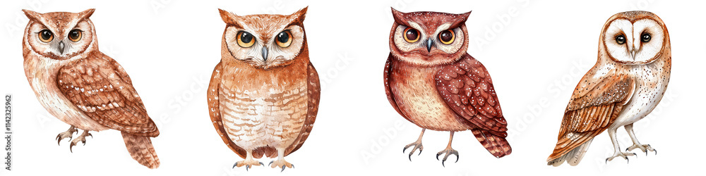 Fototapeta premium Collection of whimsical hand painted watercolor owls perched in a lush forest setting depictions of various brown owl species in a natural rustic style
