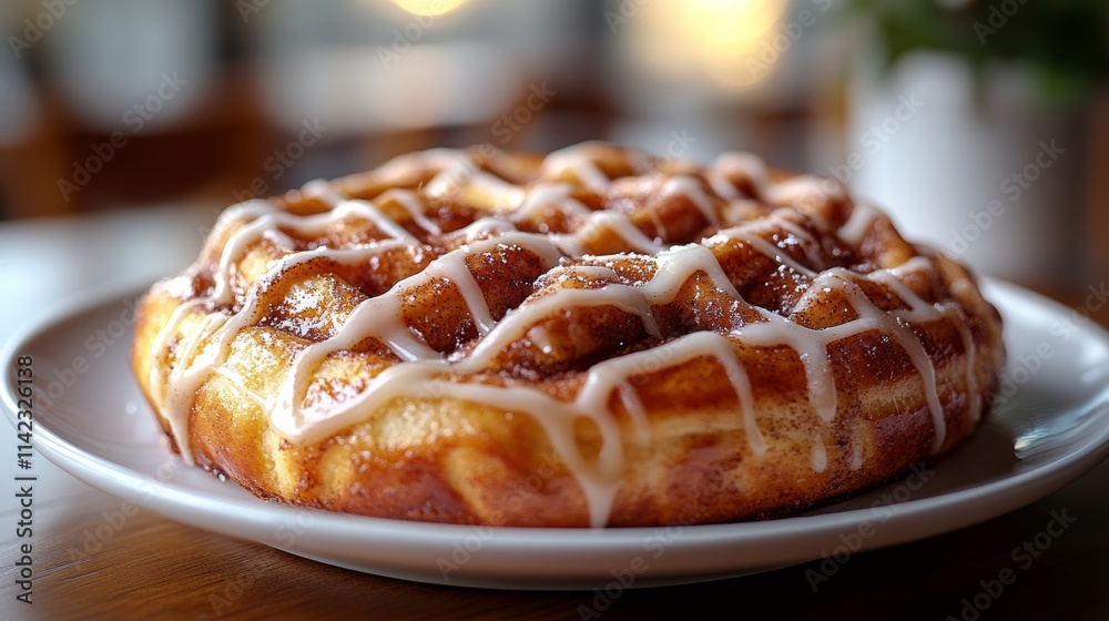 Delicious cinnamon roll waffle with icing drizzled on top sitting on white plate Delicious cinnamon roll waffle with icing drizzled on top sitting on white plate