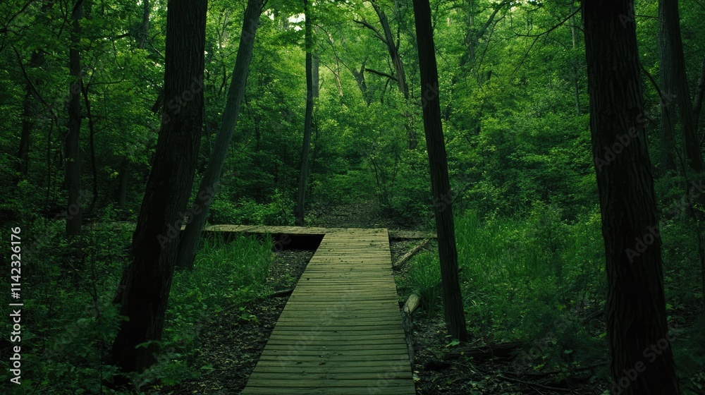 Serene boardwalk pathway winding through a vibrant green forest surrounded by towering trees and lush foliage. Serene boardwalk pathway winding through a vibrant green forest surrounded by towering trees and lush foliage.