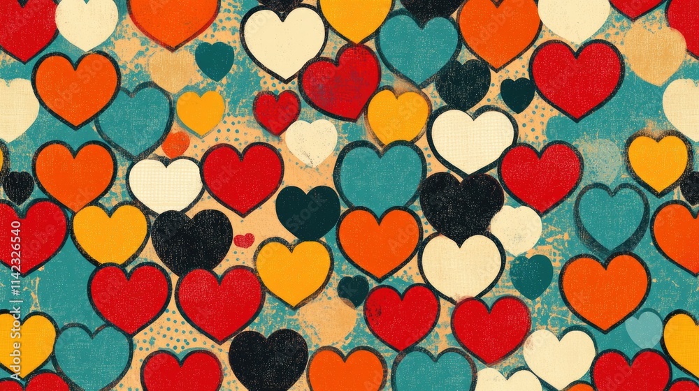 Retro Valentine's Day wallpaper with colorful hearts against a textured backdrop, showcasing vibrant tones and a mid century aesthetic. Perfect for themes of love and affection.