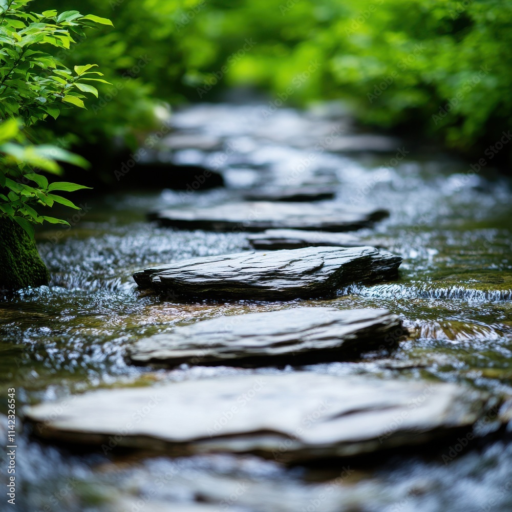 Fototapeta premium A serene stream with stone steps surrounded by lush greenery, inviting peaceful moments in nature.