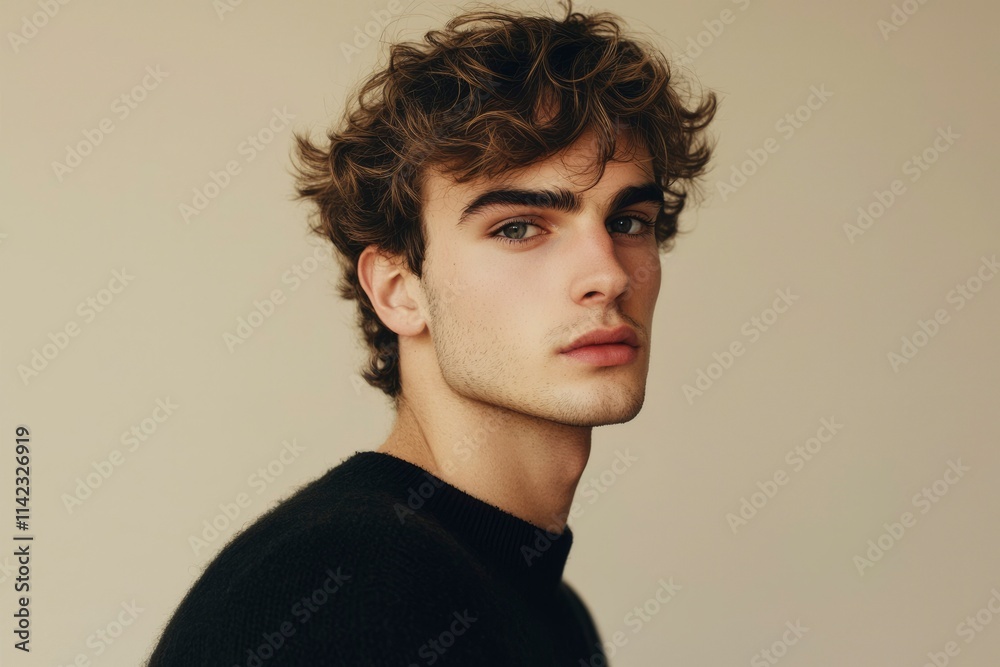 Young Man With Curly Brown Hair Wearing A Black Sweater Young Man With Curly Brown Hair Wearing A Black Sweater