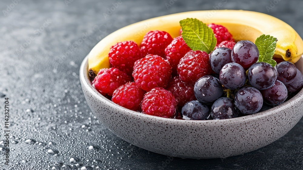 Delicious Bowl of Raspberries, Grapes, and Banana Delicious Bowl of Raspberries, Grapes, and Banana