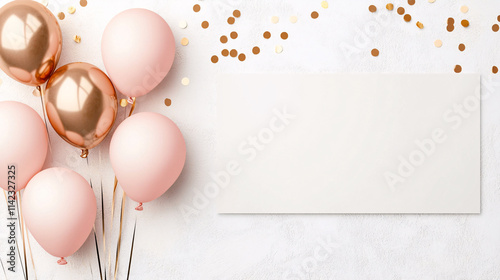 Festive background with balloons and scattered golden confetti. Premium background for a festive birthday celebration.
