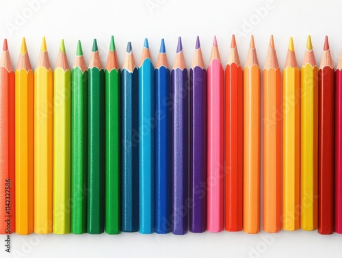 A vibrant array of colorful pencils aligned neatly, showcasing a spectrum of colors for creative artistic projects. photo