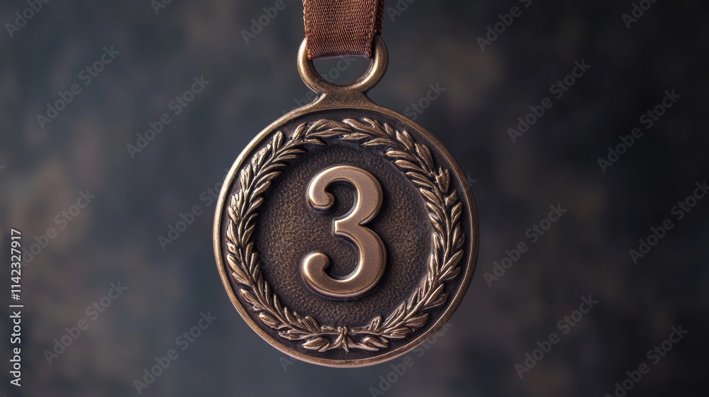 Bronze medal hanging with number three and laurel wreath celebrating third place Bronze medal hanging with number three and laurel wreath celebrating third place