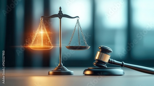 Digital justice balances scales with a gavel. Scales of justice with a gavel in a law setting. photo