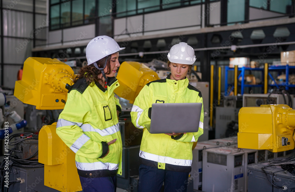 Two workers in safety gear using a laptop in an aerial view of a robotics manufacturing facility Two workers in safety gear using a laptop in an aerial view of a robotics manufacturing facility