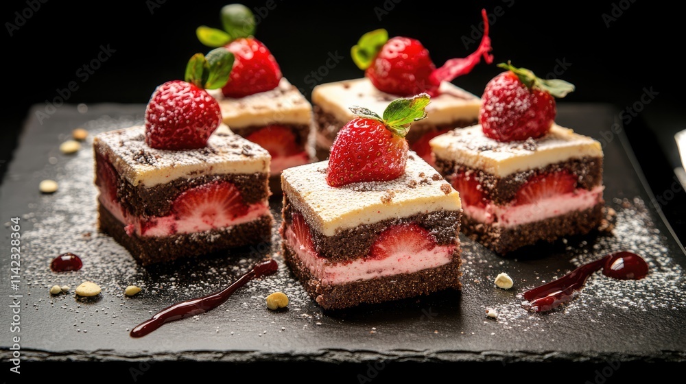 Chocolate strawberry cake squares on a black slate board garnished with fresh strawberries and mint leaves. Elegant dessert presentation. Chocolate strawberry cake squares on a black slate board garnished with fresh strawberries and mint leaves. Elegant dessert presentation.