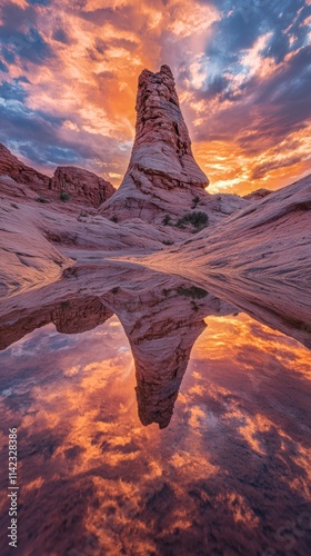 Sandstone tower reflecting in water at sunset in White Pocket, Arizona