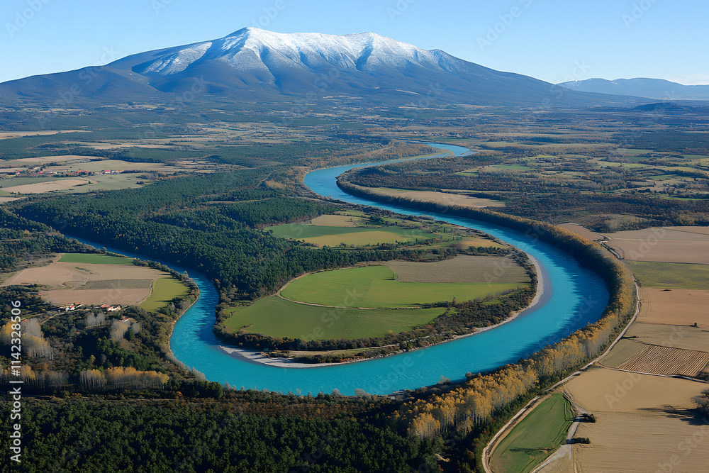 Fototapeta premium Aerial view of a turquoise river meandering through a valley, with snow-capped mountains in the background. Stunning landscape photography showcasing nature's beauty.