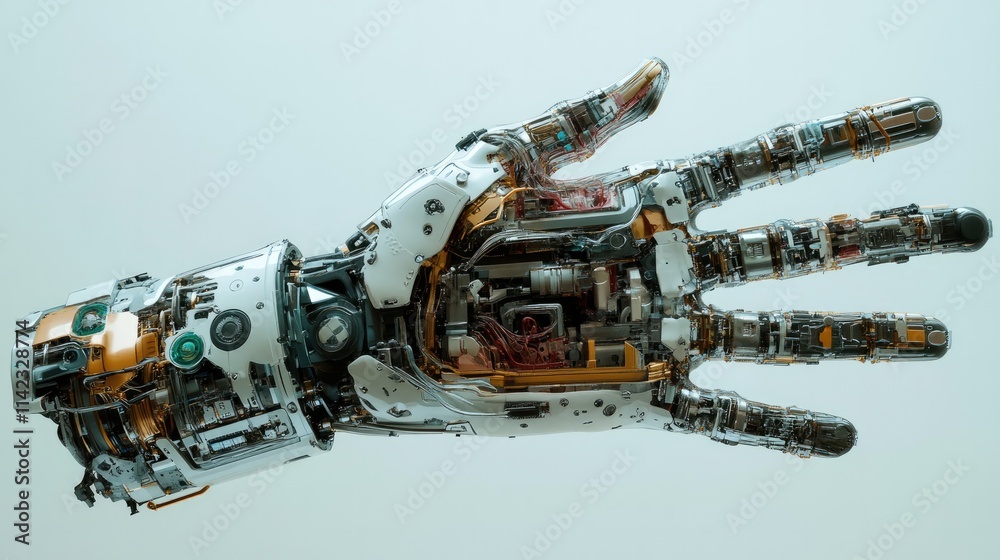 Mechanical Hand of Innovation: A close-up view of a highly detailed, intricately engineered robotic hand, showcasing the intricate mechanics and futuristic design of artificial intelligence. Mechanical Hand of Innovation: A close-up view of a highly detailed, intricately engineered robotic hand, showcasing the intricate mechanics and futuristic design of artificial intelligence.