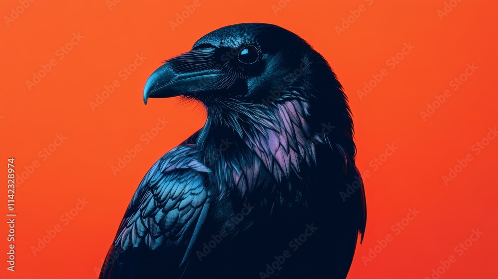 Black raven posing on orange background in studio shot Black raven posing on orange background in studio shot