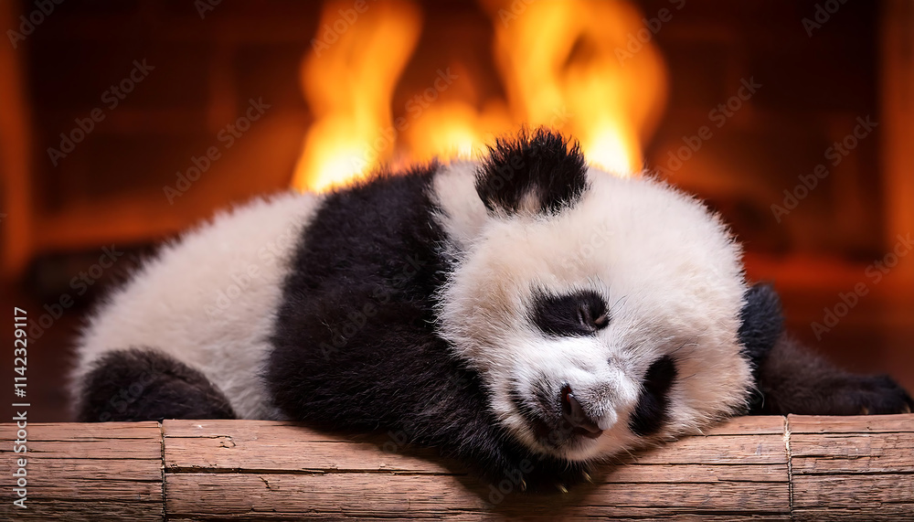 Fototapeta premium Adorable Panda Cub Sleeping by a Cozy Rustic Fireplace