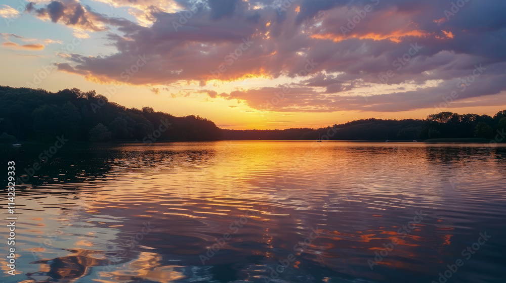 Obraz premium Tranquil Lake Sunset with Vibrant Sky Reflection