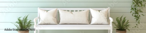 White Farmhouse-Style Bench with Minimalist Decor on Shiplap Wall Background