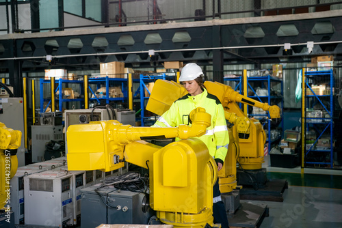 Worker Operates Yellow Robotic Arm in Modern Manufacturing Facility