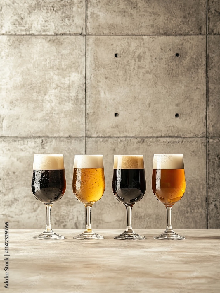 Four glasses of beer with varying colors and foamy tops are displayed against a textured concrete wall, showcasing a range of beer styles. Four glasses of beer with varying colors and foamy tops are displayed against a textured concrete wall, showcasing a range of beer styles.