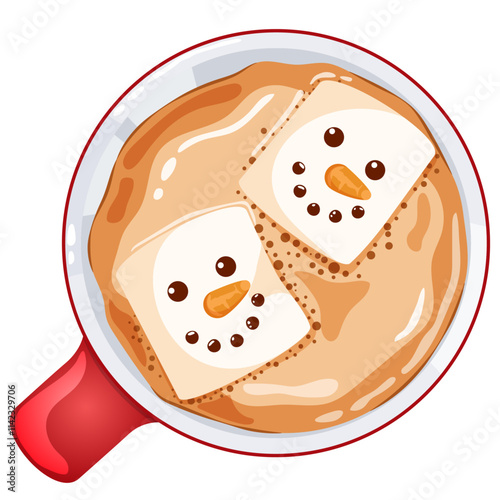 Hot Chocolate Mug with Cute Marshmallows Top View. Festive Graphic Isolated