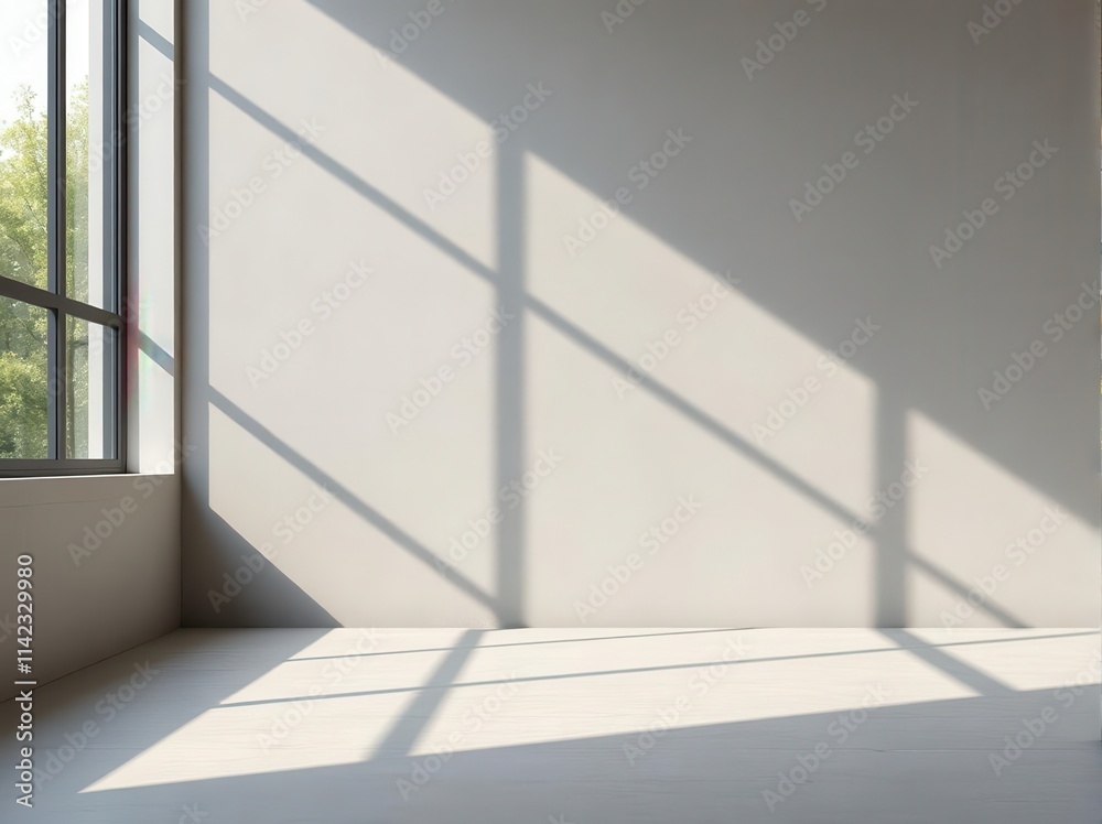 Fototapeta premium Minimalist empty room with soft sunlight and geometric window shadows on clean white walls