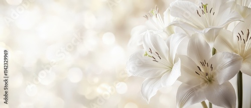 Pure white lily flowers with soft cream bokeh background and copy space, elegant floral macro photography. Generative AI