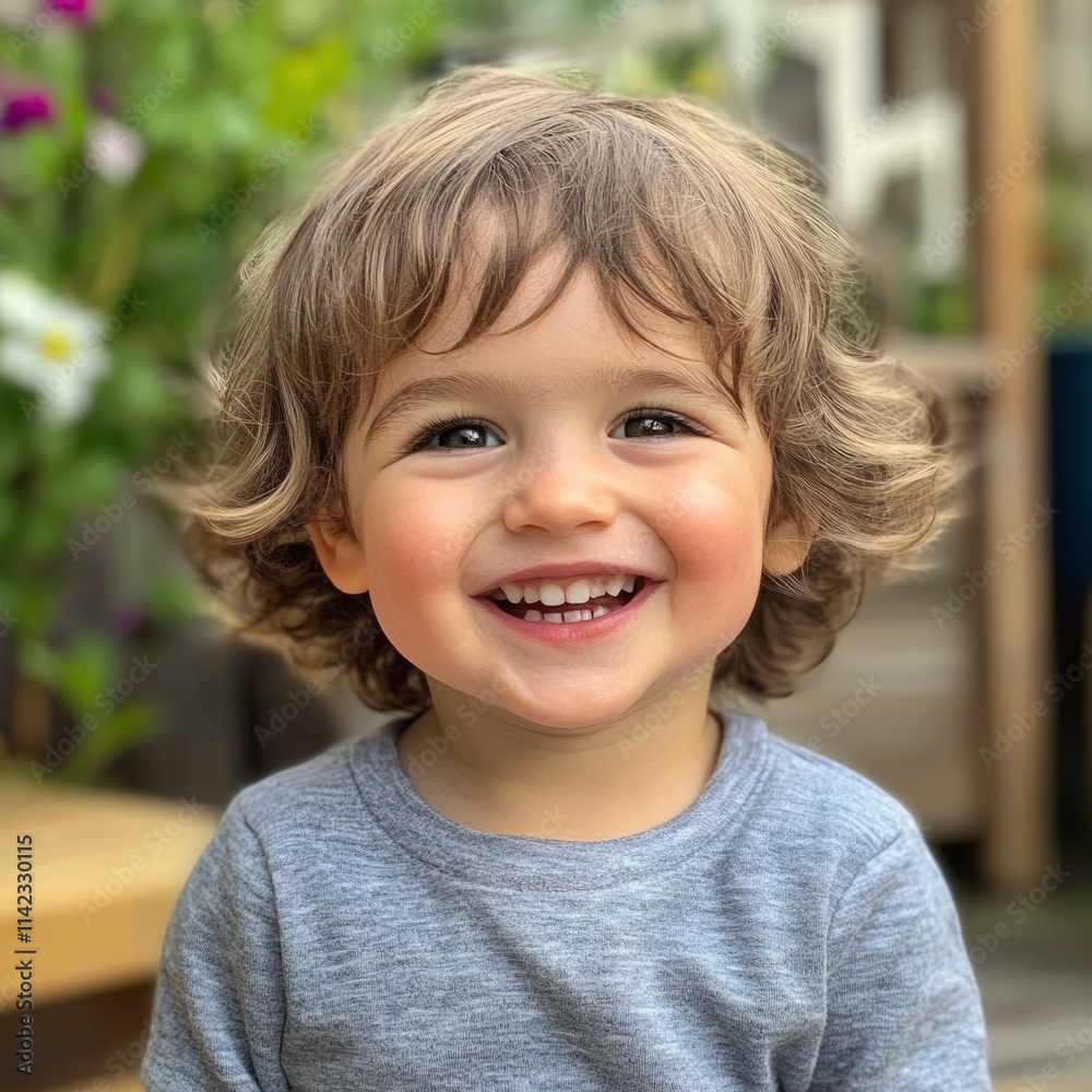 Happy toddler boy smiles outdoors near flowers