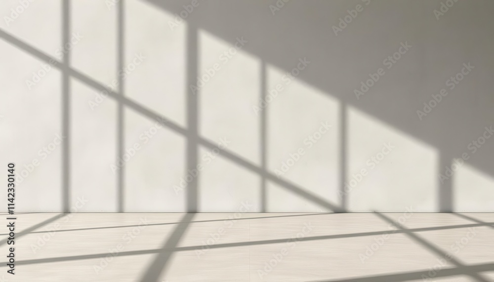 Minimalist empty room with soft sunlight and geometric window shadows on clean white walls Minimalist empty room with soft sunlight and geometric window shadows on clean white walls