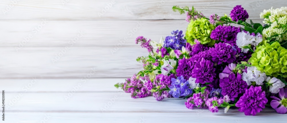Purple and lime green floral arrangement with chrysanthemums and mixed flowers on white wooden background with copy space. Generative AI Purple and lime green floral arrangement with chrysanthemums and mixed flowers on white wooden background with copy space. Generative AI