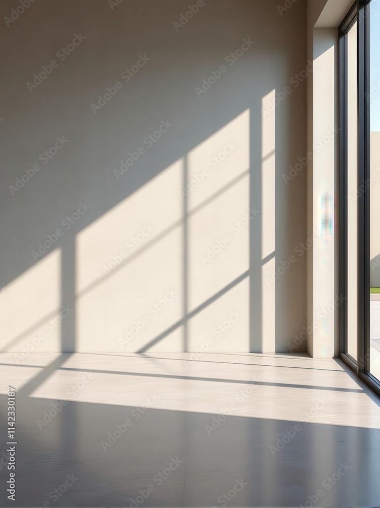 Fototapeta premium Minimalist empty room with soft sunlight and geometric window shadows on clean white walls