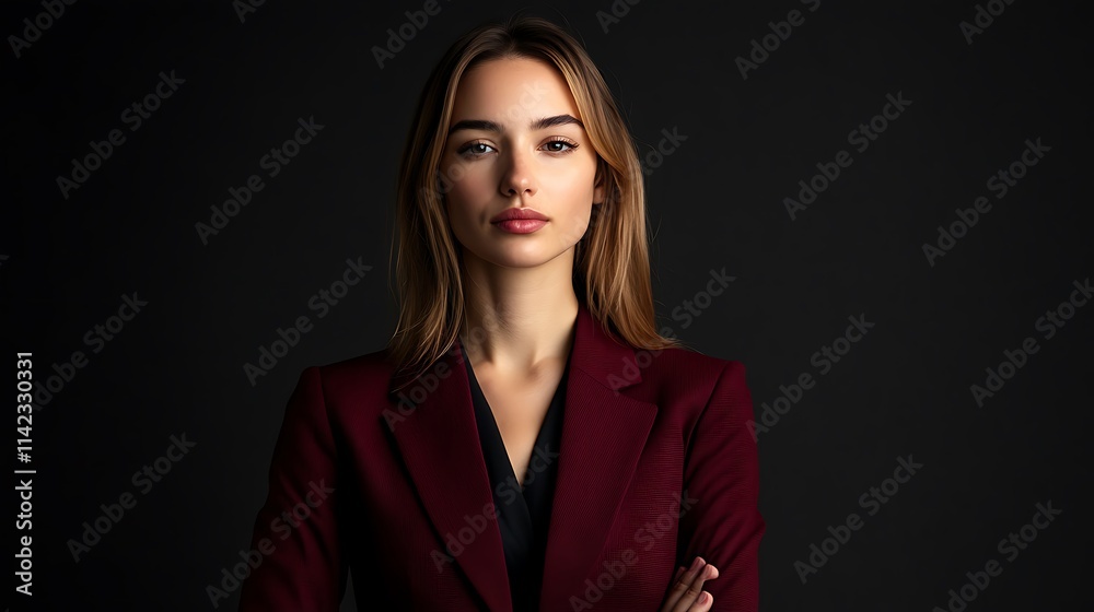 Female model in a sophisticated burgundy blazer, standing confidently with minimal studio lighting creating depth,