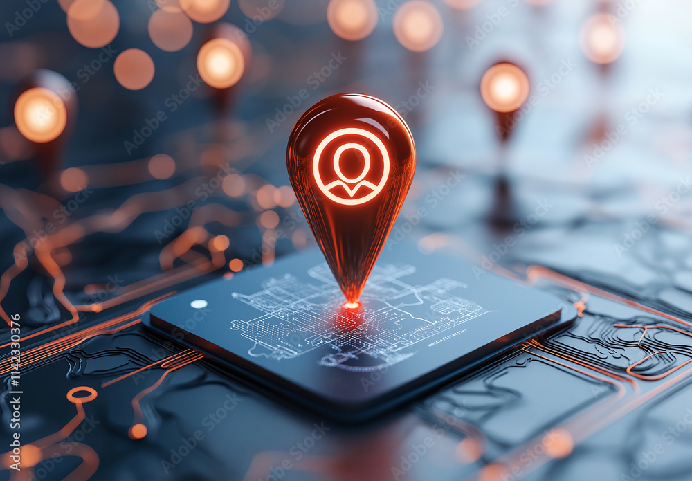 digital map with glowing location pin icon, symbolizing navigation and technology. background features circuit board design, enhancing tech theme digital map with glowing location pin icon, symbolizing navigation and technology. background features circuit board design, enhancing tech theme