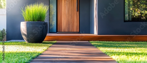 Modern house entrance with wooden deck walkway, grey planter with ornamental grass, and well-maintained lawn. Generative AI