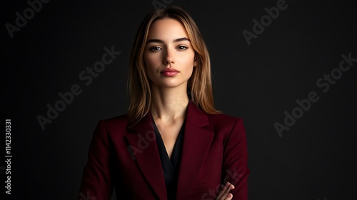 Obraz na płótnie Female model in a sophisticated burgundy blazer, standing confidently with minimal studio lighting creating depth, w salonie