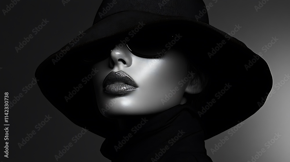 Female model in bold monochrome fashion, with moody and artistic lighting