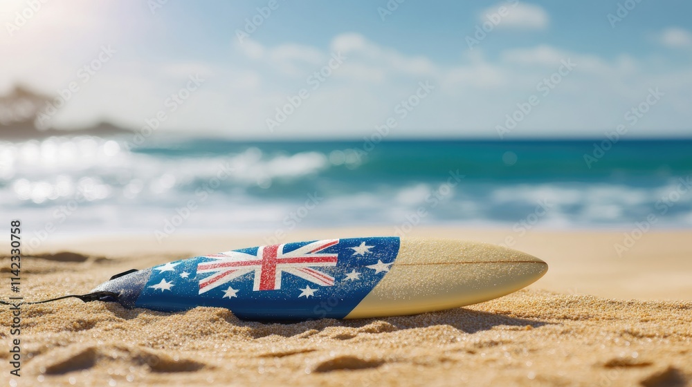 A surfboard decorated with the Australian flag on a golden beach. A surfboard decorated with the Australian flag on a golden beach.