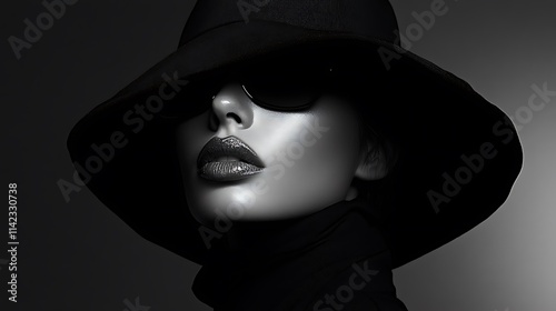 Female model in bold monochrome fashion, with moody and artistic lighting