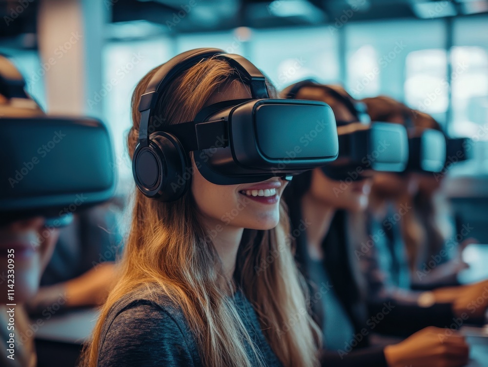 Business team using VR headsets for a virtual meeting. Business team using VR headsets for a virtual meeting.