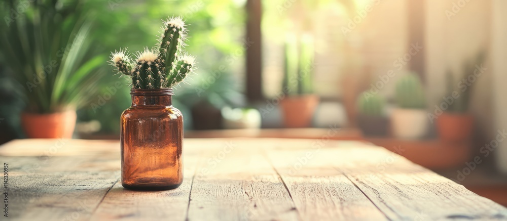Cactus in a brown glass bottle on wooden table with blurred greenery providing interior decoration inspiration for modern spaces Cactus in a brown glass bottle on wooden table with blurred greenery providing interior decoration inspiration for modern spaces