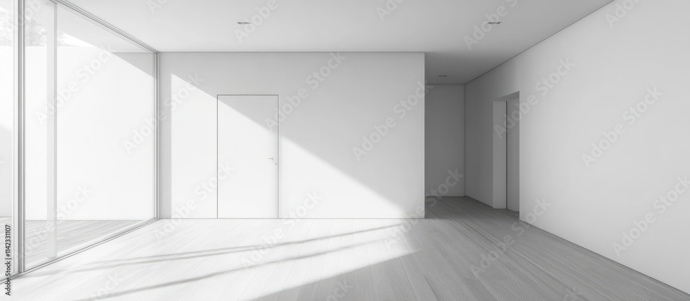 Obraz premium Minimalist bright interior showcasing pristine white walls light wooden flooring and a white wooden door perfect for design inspiration