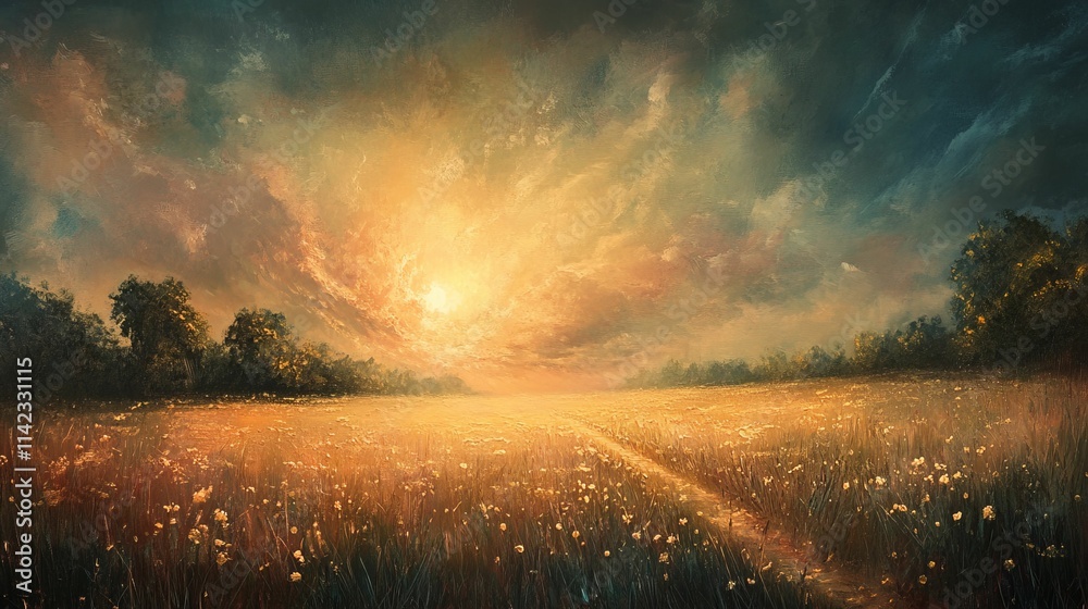 Sunset meadow path, golden light, textured sky. Sunset meadow path, golden light, textured sky.