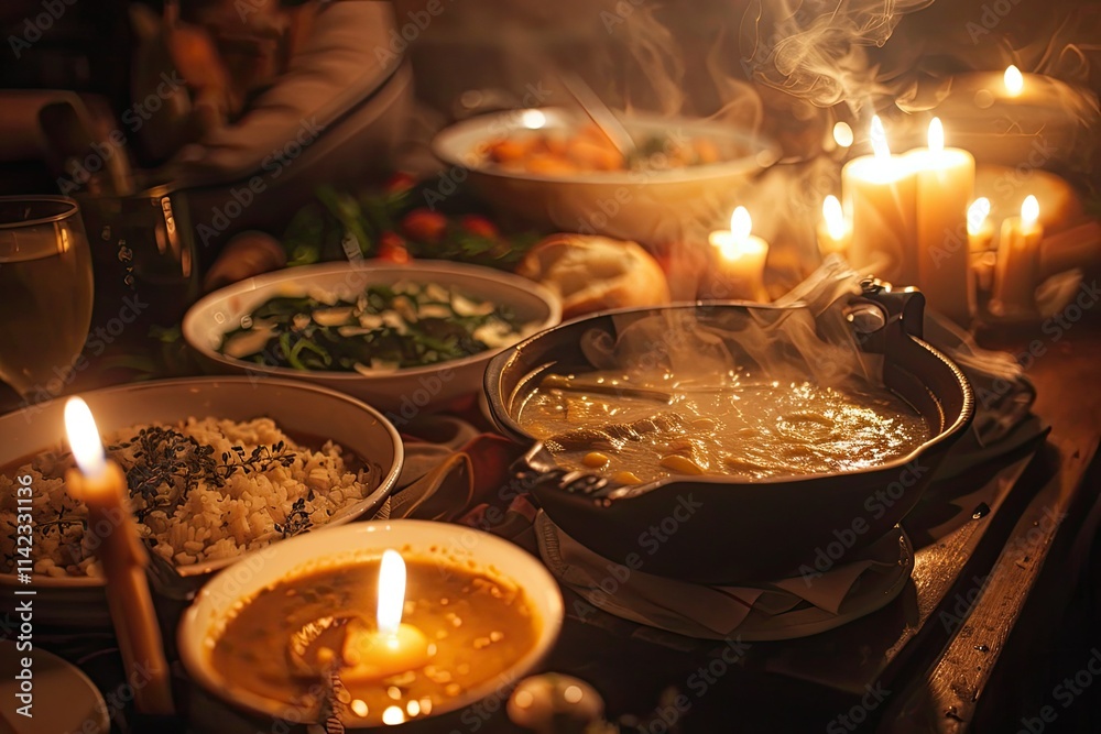 Obraz premium Festive organic Christmas dinner table with natural decor and seasonal dishes.