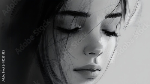Monochrome portrait of a serene young woman with eyes closed.