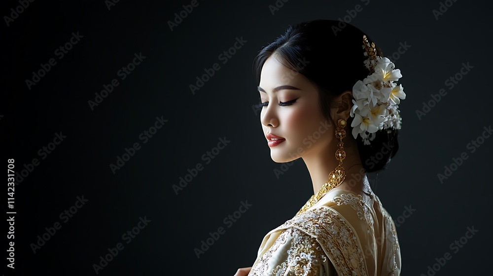 Female model in traditional Thai silk dress, gracefully standing under soft lighting